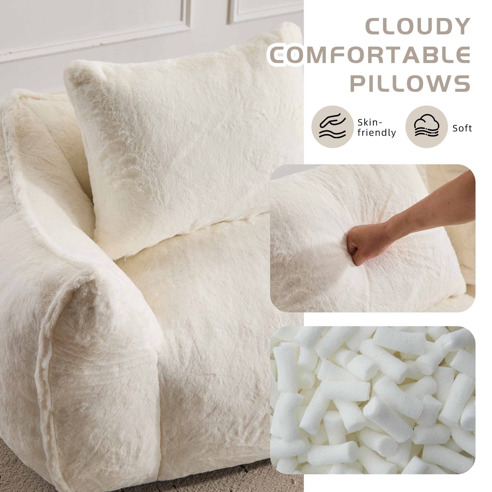 Giant Bean Bag Sofa For Adults Ultra Soft Fluffy Loveseat White_voghion.com